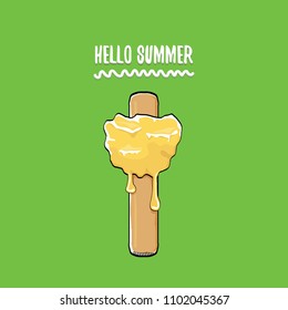 vector hello summer vector concept illustration with melt pink ice cream on green background. Start of summer background