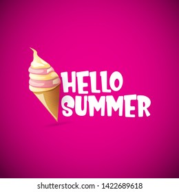 vector hello summer concept illustration with fresh melt cone ice cream and text on pink background. summer party poster or background