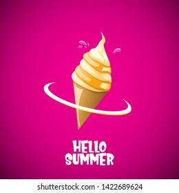vector hello summer concept illustration with fresh melt cone ice cream and text on pink background. summer party poster or background