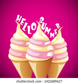 vector hello summer concept illustration with fresh melt cone ice cream and text on pink background. summer party poster or background