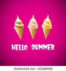 vector hello summer concept illustration with fresh melt cone ice cream and text on pink background. summer party poster or background