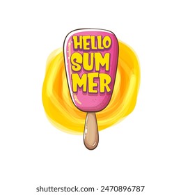 vector hello summer vector concept illustration with cartoon funny hand drawn pink melt ice cream. Start of summer funky doodle label, poster, flyer or background.  Hello summer icon