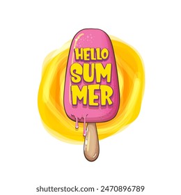 vector hello summer vector concept illustration with cartoon funny hand drawn pink melt ice cream. Start of summer funky doodle label, poster, flyer or background.  Hello summer icon