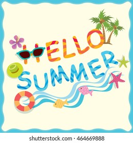 Vector of hello summer copy text design with sea border in colorful for icon.