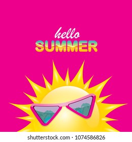 vector hello summer creative label with smiling shiny sun  isolated on pink. summer party background with funky sun character design template. vector summer icon