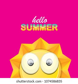 vector hello summer creative label with smiling shiny sun  isolated on pink. summer party background with funky sun character design template. vector summer icon