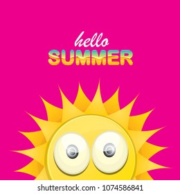 vector hello summer creative label with smiling shiny sun  isolated on pink. summer party background with funky sun character design template. vector summer icon
