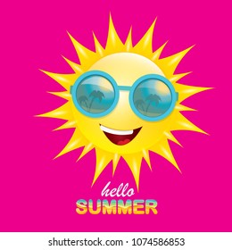 vector hello summer creative label with smiling shiny sun  isolated on pink. summer party background with funky sun character design template. vector summer icon