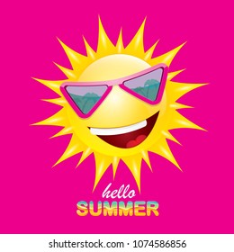 vector hello summer creative label with smiling shiny sun  isolated on pink. summer party background with funky sun character design template. vector summer icon