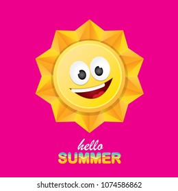 vector hello summer creative label with smiling shiny sun  isolated on pink. summer party background with funky sun character design template. vector summer icon