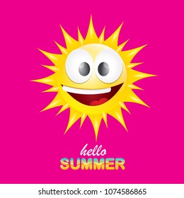 vector hello summer creative label with smiling shiny sun  isolated on pink. summer party background with funky sun character design template. vector summer icon