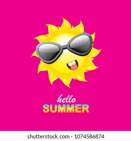 vector hello summer creative label with smiling shiny sun  isolated on pink. summer party background with funky sun character design template. vector summer icon