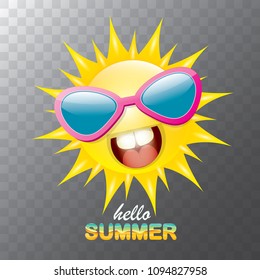 vector hello summer creative label with smiling shiny sun isolated on transparent background. summer party background with funky sun character design template. vector summer icon