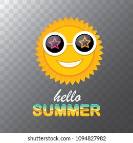 vector hello summer creative label with smiling shiny sun isolated on transparent background. summer party background with funky sun character design template. vector summer icon