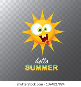 vector hello summer creative label with smiling shiny sun isolated on transparent background. summer party background with funky sun character design template. vector summer icon