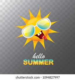 vector hello summer creative label with smiling shiny sun isolated on transparent background. summer party background with funky sun character design template. vector summer icon