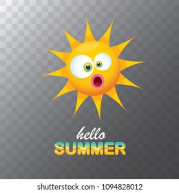 vector hello summer creative label with smiling shiny sun isolated on transparent background. summer party background with funky sun character design template. vector summer icon