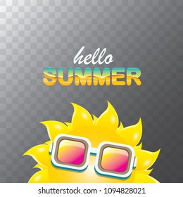 vector hello summer creative label with smiling shiny sun isolated on transparent background. summer party background with funky sun character design template. vector summer icon