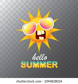 vector hello summer creative label with smiling shiny sun isolated on transparent background. summer party background with funky sun character design template. vector summer icon