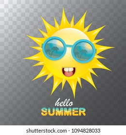 vector hello summer creative label with smiling shiny sun isolated on transparent background. summer party background with funky sun character design template. vector summer icon
