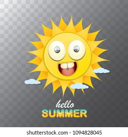 vector hello summer creative label with smiling shiny sun isolated on transparent background. summer party background with funky sun character design template. vector summer icon