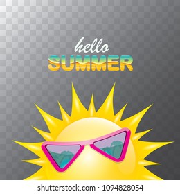 vector hello summer creative label with smiling shiny sun isolated on transparent background. summer party background with funky sun character design template. vector summer icon