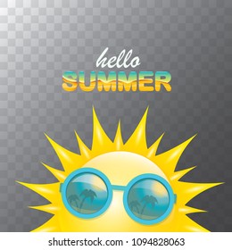 vector hello summer creative label with smiling shiny sun isolated on transparent background. summer party background with funky sun character design template. vector summer icon