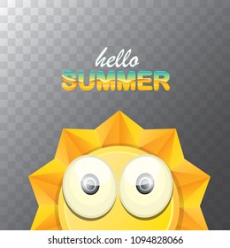 vector hello summer creative label with smiling shiny sun isolated on transparent background. summer party background with funky sun character design template. vector summer icon