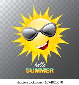 vector hello summer creative label with smiling shiny sun isolated on transparent background. summer party background with funky sun character design template. vector summer icon