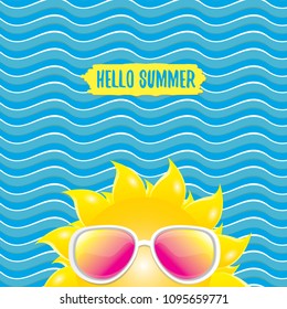 vector hello summer creative label with smiling shiny sun isolated on blue wave background. summer party background with funky sun character design template. vector summer icon