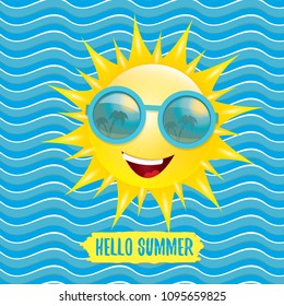 vector hello summer creative label with smiling shiny sun isolated on blue wave background. summer party background with funky sun character design template. vector summer icon