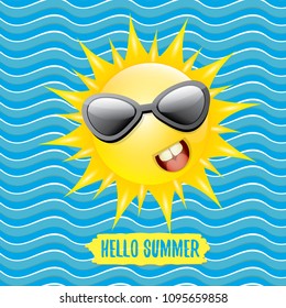 vector hello summer creative label with smiling shiny sun isolated on blue wave background. summer party background with funky sun character design template. vector summer icon