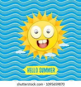 vector hello summer creative label with smiling shiny sun isolated on blue wave background. summer party background with funky sun character design template. vector summer icon