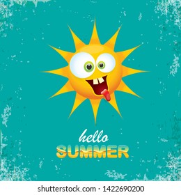 vector hello summer creative label with smiling shiny sun isolated on turquoise sky background. summer party background with funky sun character design template. vector summer icon