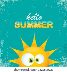 vector hello summer creative label with smiling shiny sun isolated on turquoise sky background. summer party background with funky sun character design template. vector summer icon