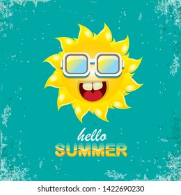 vector hello summer creative label with smiling shiny sun isolated on turquoise sky background. summer party background with funky sun character design template. vector summer icon