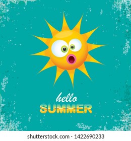 vector hello summer creative label with smiling shiny sun isolated on turquoise sky background. summer party background with funky sun character design template. vector summer icon