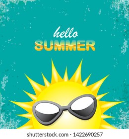 vector hello summer creative label with smiling shiny sun isolated on turquoise sky background. summer party background with funky sun character design template. vector summer icon