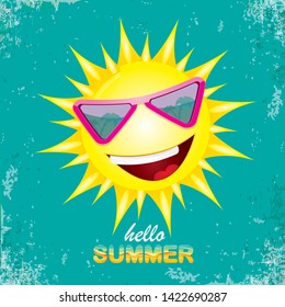 vector hello summer creative label with smiling shiny sun isolated on turquoise sky background. summer party background with funky sun character design template. vector summer icon