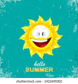 vector hello summer creative label with smiling shiny sun isolated on turquoise sky background. summer party background with funky sun character design template. vector summer icon