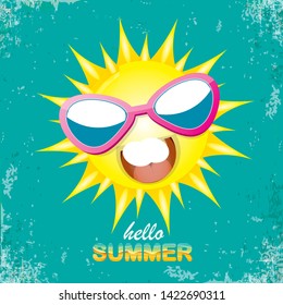 vector hello summer creative label with smiling shiny sun isolated on turquoise sky background. summer party background with funky sun character design template. vector summer icon