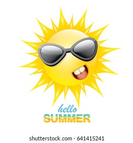 vector hello summer creative label with smiling shiny sun and sunglasses isolated on white. summer party background with funky sun character design template. vector summer icon