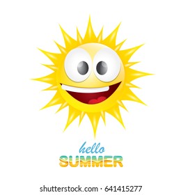 vector hello summer creative label with smiling shiny sun and sunglasses isolated on white. summer party background with funky sun character design template. vector summer icon