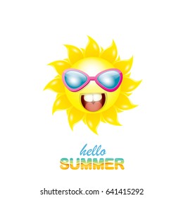 vector hello summer creative label with smiling shiny sun and sunglasses isolated on white. summer party background with funky sun character design template. vector summer icon