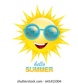 vector hello summer creative label with smiling shiny sun and sunglasses isolated on white. summer party background with funky sun character design template. vector summer icon