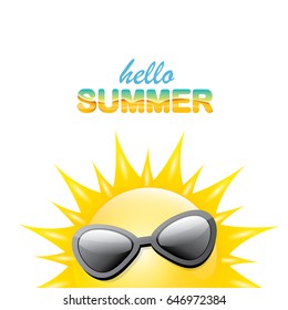 vector hello summer creative label with smiling shiny sun and sunglasses isolated on white. summer party background with funky sun character design template. vector summer icon