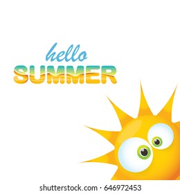 vector hello summer creative label with smiling shiny sun and sunglasses isolated on white. summer party background with funky sun character design template. vector summer icon