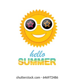 vector hello summer creative label with smiling shiny sun and sunglasses isolated on white. summer party background with funky sun character design template. vector summer icon