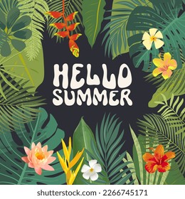 Vector Hello Summer greeting card. Bright tropic jungle Hawaiian postcard. Summer season flyer template. Summertime Bali Thailand vacation botanical design. Tropical forest leaves flowers elements