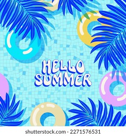 Vector Hello Summer greeting card. Y2K style modern Memphis 90s psychedelic postcard. Surface design illustration. Colorful summertime backdrop. Simple flat swimming pool background